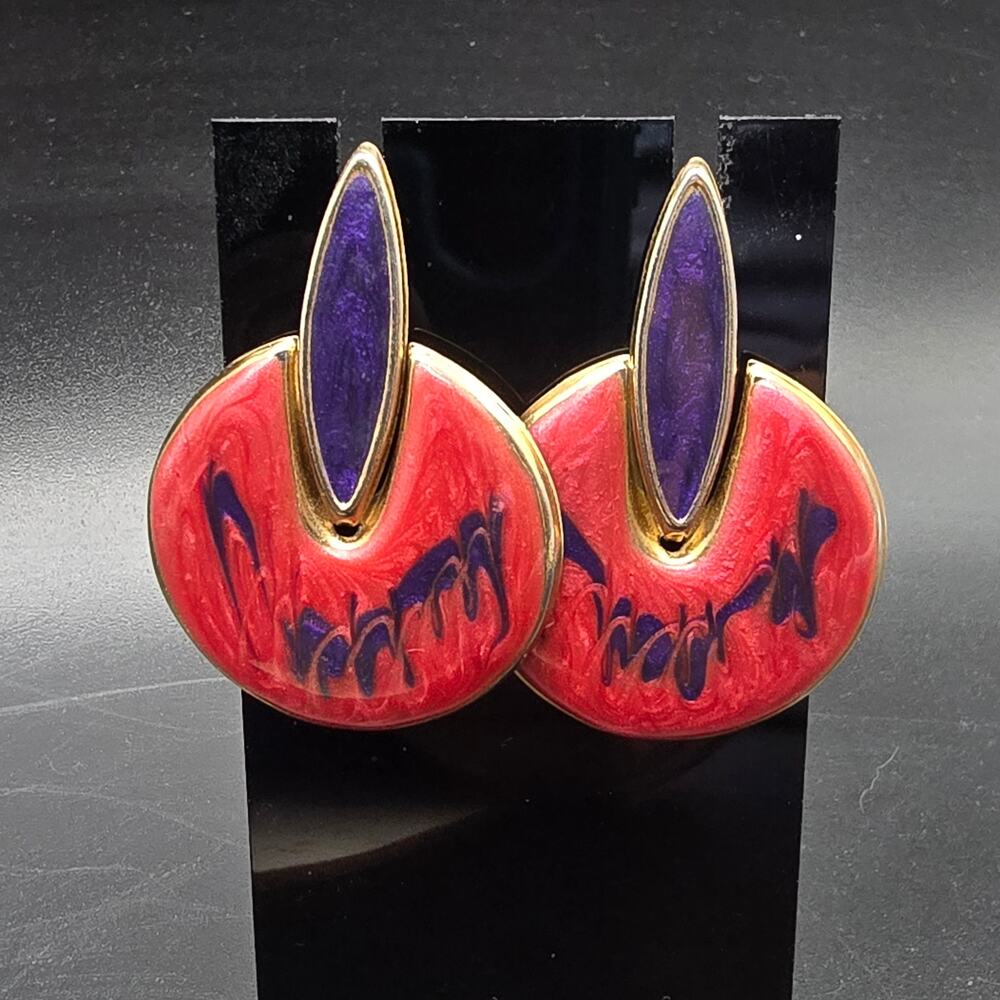 Pink Purple Enamel Earrings Pierced Vintage 1980s Costume Jewelry